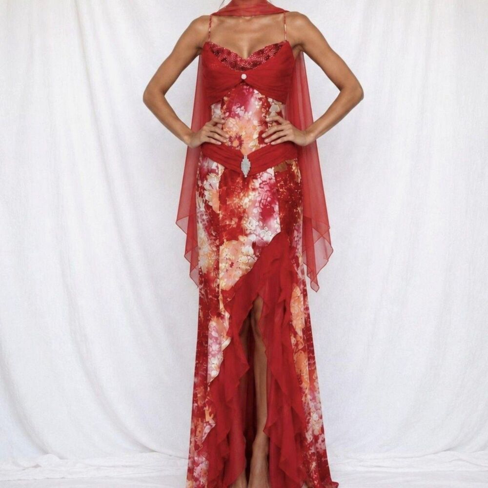 Vintage Red White Geometric Print Silk Ruffle High Low Maxi Prom Dress Size S